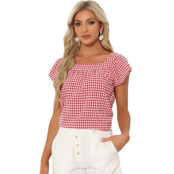 Unique Bargains Summer Square Neck Gingham Tops for Women's Sleeveless Blouses M Red
