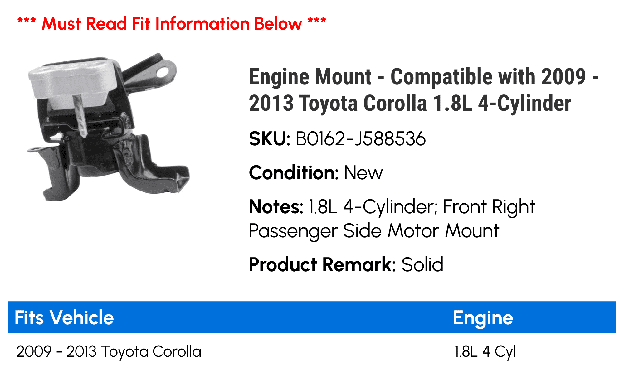 Engine Mount - Compatible with 2009 - 2013 Toyota Corolla 1.8L 4-Cylinder - Replacement