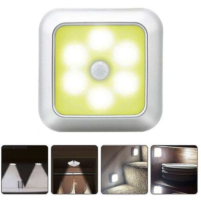 1 lámpara de noche cuadrada con sensor de movimiento de 6 LED, alimentada por batería, de inducción, para debajo del armario, carcasa plateada, luz cálida