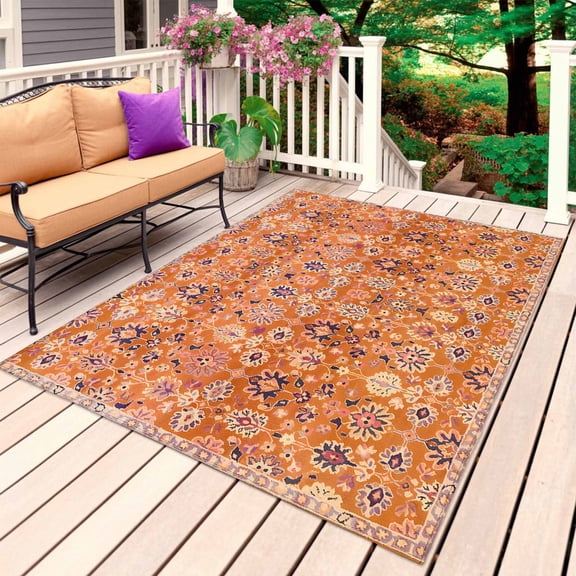 Boho Orange Outdoor Rug 3x5 Ft, Non Slip Washable Area Rug, Country Style Bohemian Floral Retro Tribal Patio Rugs Carpet Runner, Large Floor Mat for Indoor/Outdoor Deck Porch Camping
