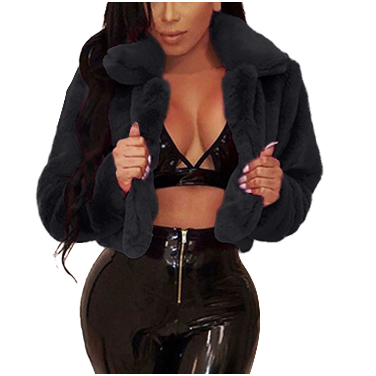 Meichang Cropped Faux Fur Coat Women Petite Short Jacket Open