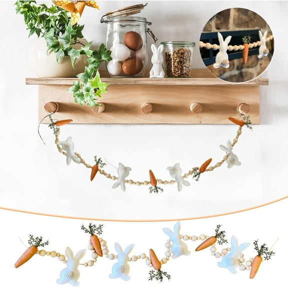 Easter Garland Bunny Carrot Beaded Felt Garland for Mantle Tree Decors Tiered Tray Decorations, 23.6 inch