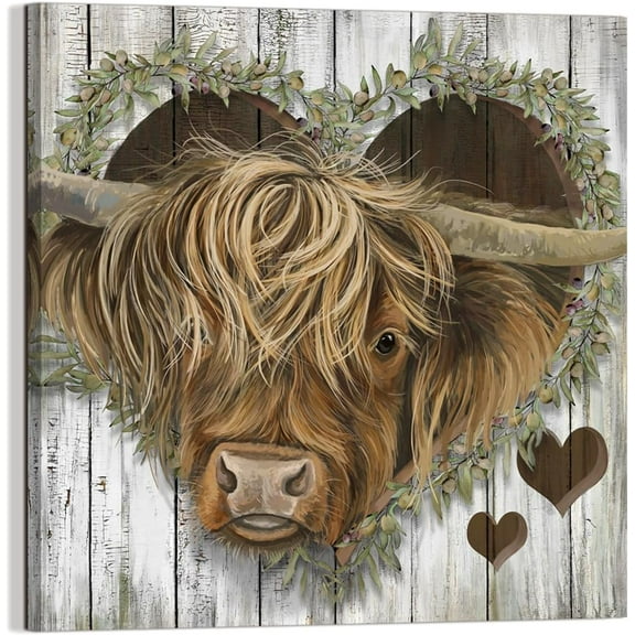 WFSposter Highland Cow Decor Canvas Print Art Farmhouse Picture Gifts to Hang in Bathroom, Diningroom, Livingroom, Office, Bedroom, Kitchen 12.00" x 12.00"