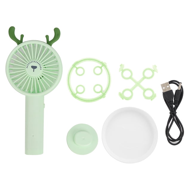 Miniventilador portátil de mano con dibujos animados en color verde, apto para niños, con USB, para exteriores, con función de burbujas