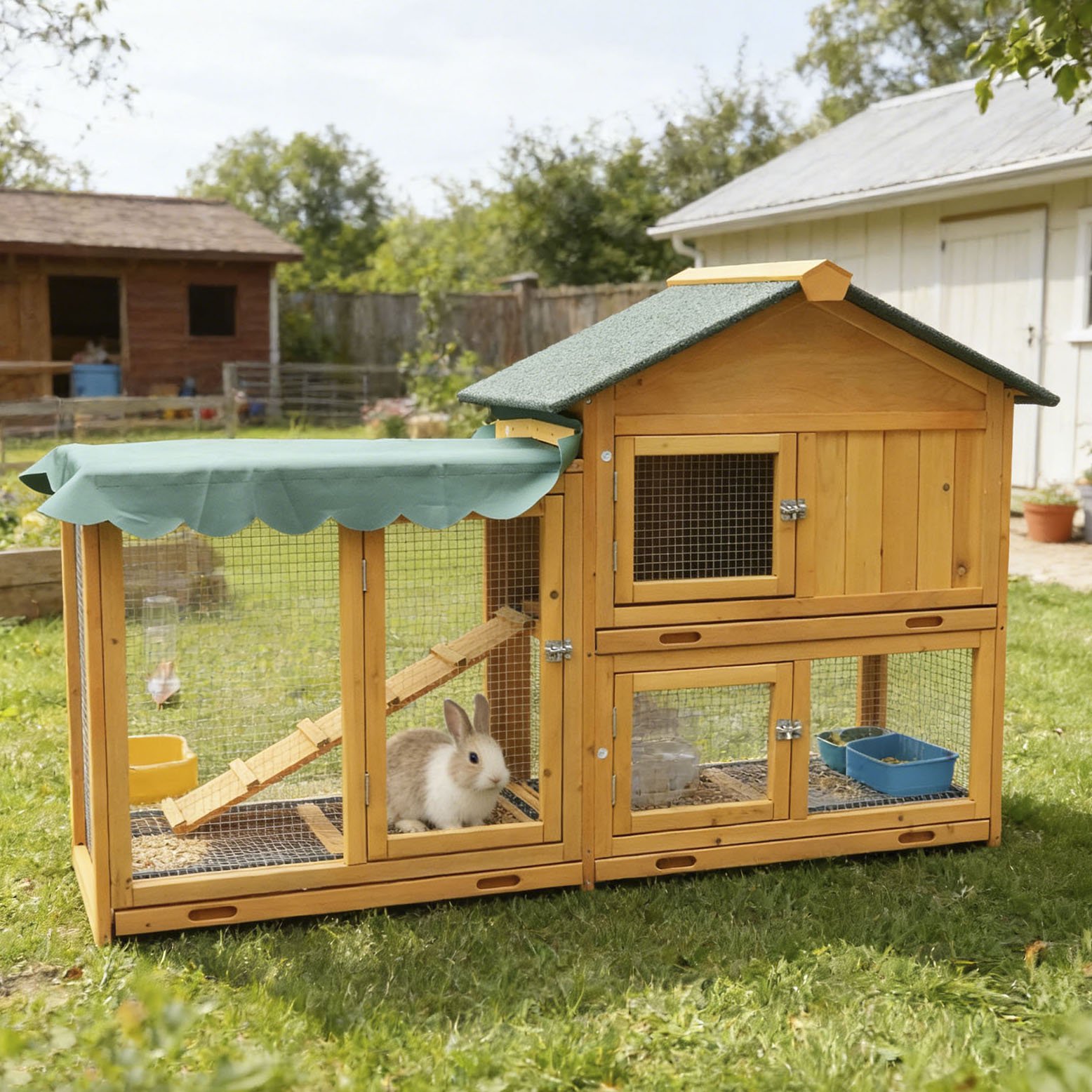 CQSXDA Large Wooden Rabbit Hutch with Run, 2-Tier Bunny Cage Outdoor Indoor, Pull-Out Tray Waterproof Roof for Rabbits, Chickens and Hamsters
