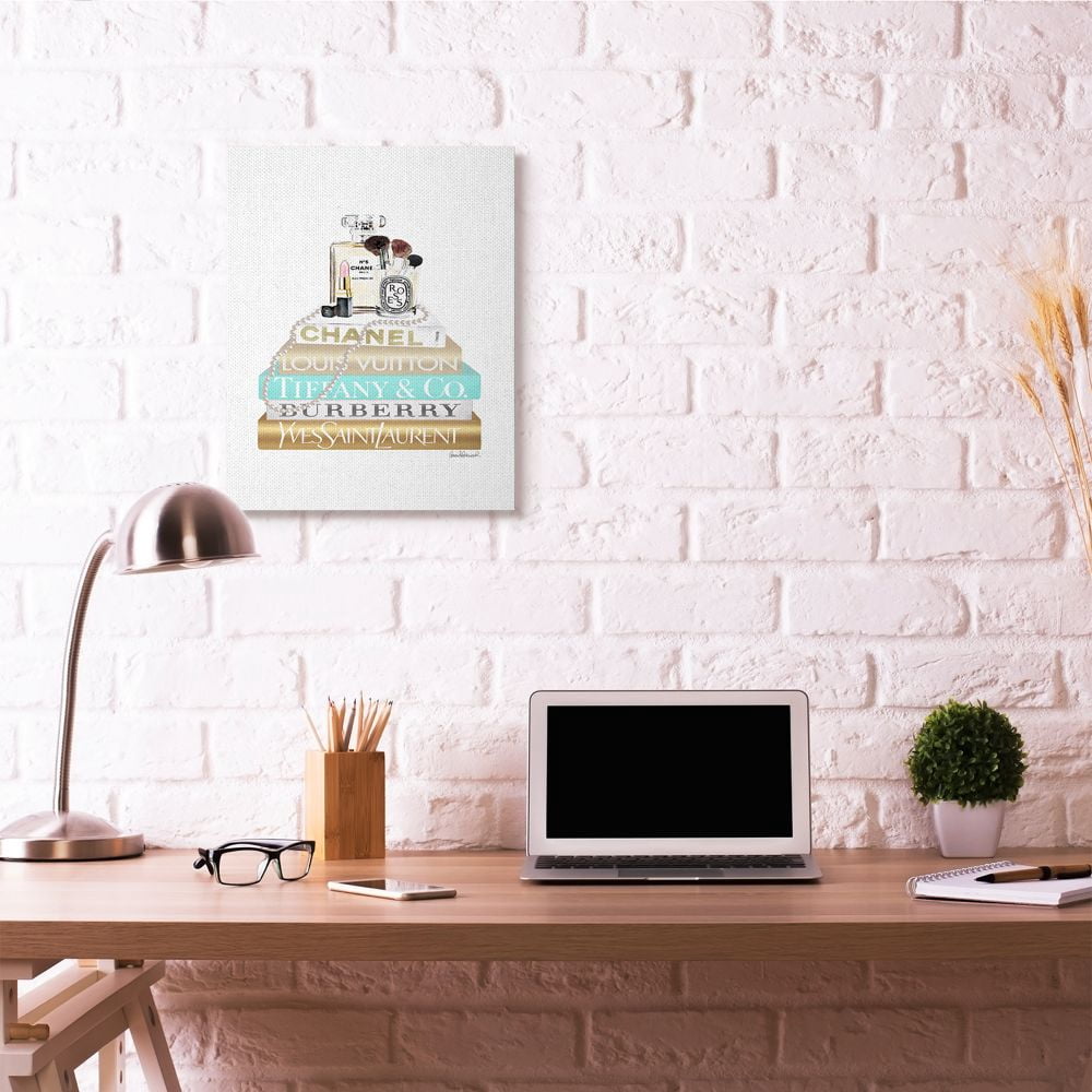 Stupell Industries Gold And Blue Perfume Bookstack Glam Fashion Design Canvas Wall Art by Amanda Greenwood