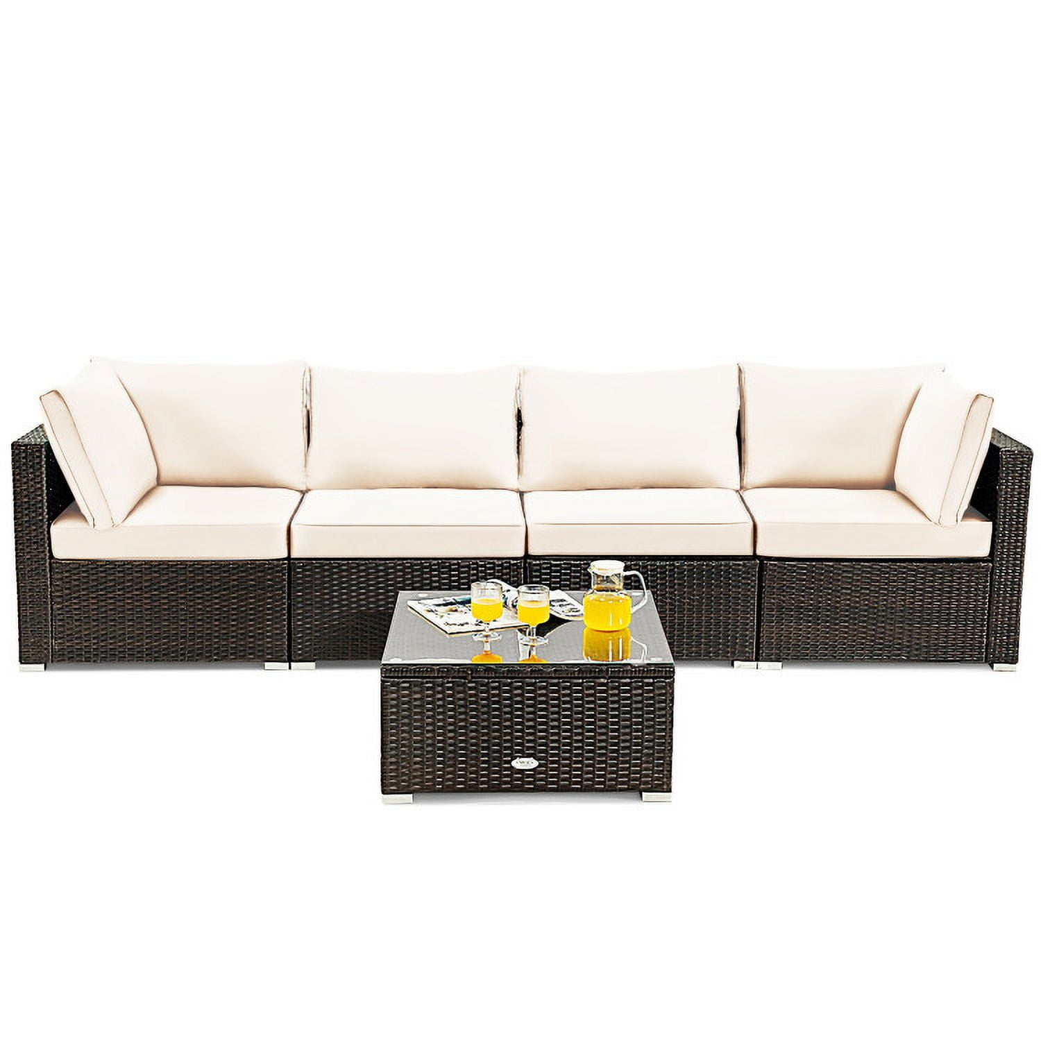 Aimee Lii 5 Pieces Cushioned Patio Rattan Furniture Set with Glass Table, Outdoor Patio Set, White