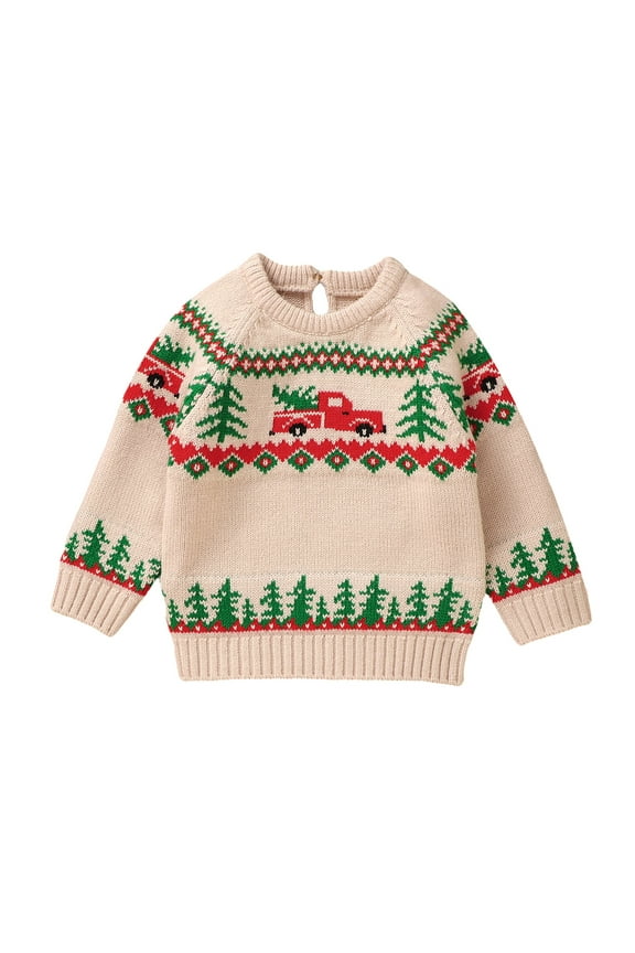 Toddler Baby Boy Christmas Knit Sweaters Long Sleeve Truck Tree Print Pullovers Sweatshirt Infant Jumper Tops