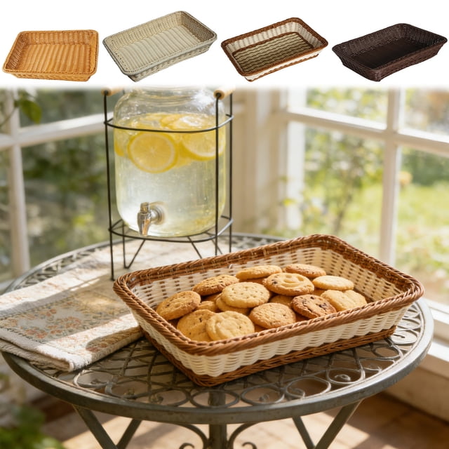 Plastic Frame 1-Pack Beige Plastic Woven Storage Tray Rectangular Wicker Basket for Kitchen Countertop and Bathroom Organizer, Rkxzt