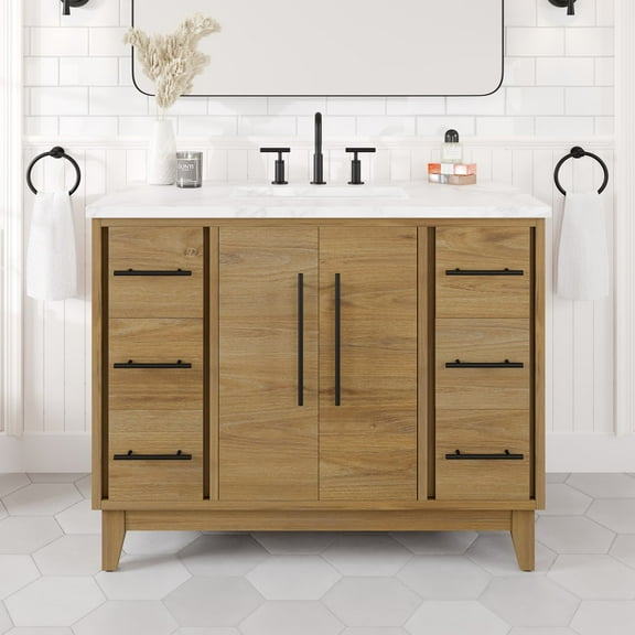Eviva Graham 42"W x 22"D Oak Bathroom Vanity with White Arabescato Engineered Stone Countertop and Undermount Ceramic Sink