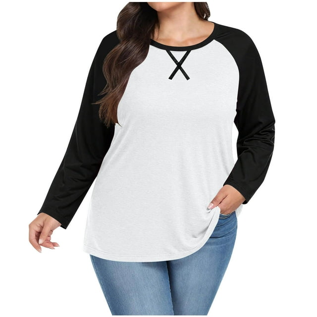 BLVB Plus Size Tops for Women Long Sleeve Casual Crewneck Ragal Shirts Color Block Tunic Henley Fall Blouse S-5XL