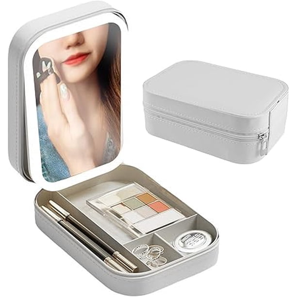 Bolsa de maquillaje con espejo LED, bolsa de maquillaje de viaje con espejo, organizador de cosméticos portátil, caja de almacenamiento de maquillaje con 3 niveles de brillo ajustables para mujeres
