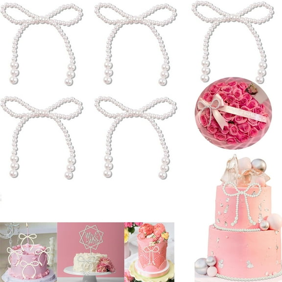 Pearl Bow Cake Topper,Tutuviw 5 Pcs White Bow Dots Decorations for Bouquets, Luxury Pearl Bowknot Cupcake Toppers for Bow Themed Party Wedding Bridal DIY Cake Decoration Supplies
