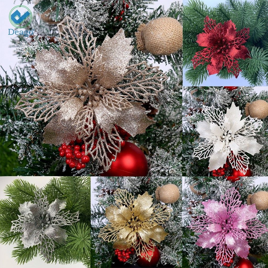 Pack 4 Clip On Flowers Floral Christmas Decorations Mesh Poinsettia Gold 9" 