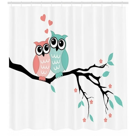 - Teal and White Shower Curtain, Cute Owl Couple Sitting on Tree Branch Valentines Romance Love, Fabric Bathroom Set with Hooks, Turquoise Coral Black, by Ambesonne