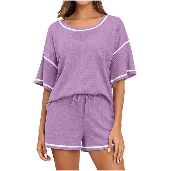 2 Piece Loungewear Set for Women Knit Matching Sets Short Sleeve Top with Lounge Shorts 2PCS Outfits