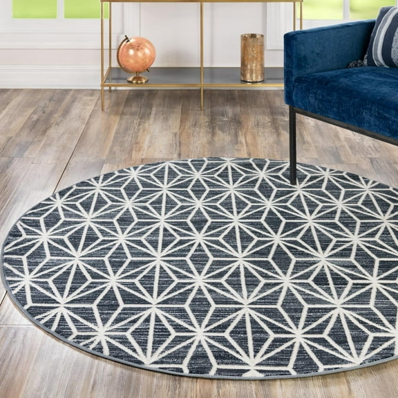 Jill Zarin Uptown Collection Area Rug - Fifth Avenue (3' 3" Round Navy Blue/Ivory)