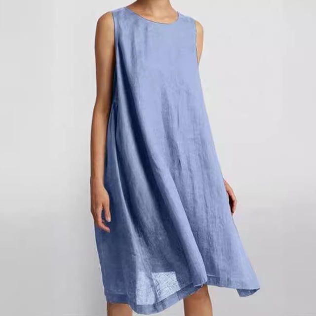 LOVZFMLL Robes Femmes Couleur Unie Décontractée et Poches en Lin Robe Sans Manches Col Rond