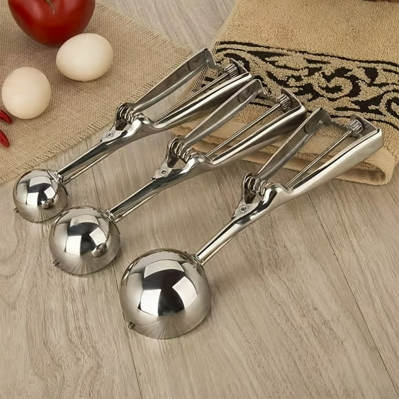 3pcs, Ice Cream Scoops Stainless Steel, Stainless Steel Cookie Dough Scoop, Cookie Scoops For Baking, Ice Cream Scooper With Trigger Release, Fruit Cookie Scooper For Baking, Cupcake Scoop, Silivery,