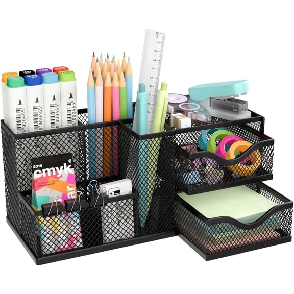 INTIGE Metal Mesh Pen Organizer with 2 Drawers and 5 Compartments, Versatile Pen Holder, Office Desk Organizers