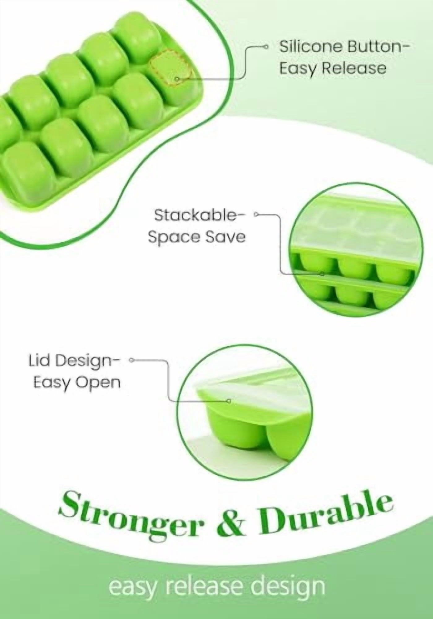 Stackable Silicone Ice Cube Trays with Lid and Storage Bin, 4-Pack Easy Release Freezer Trays for Cocktails, Coffee, Soups, BPA-Free Kitchen and RV Essentials