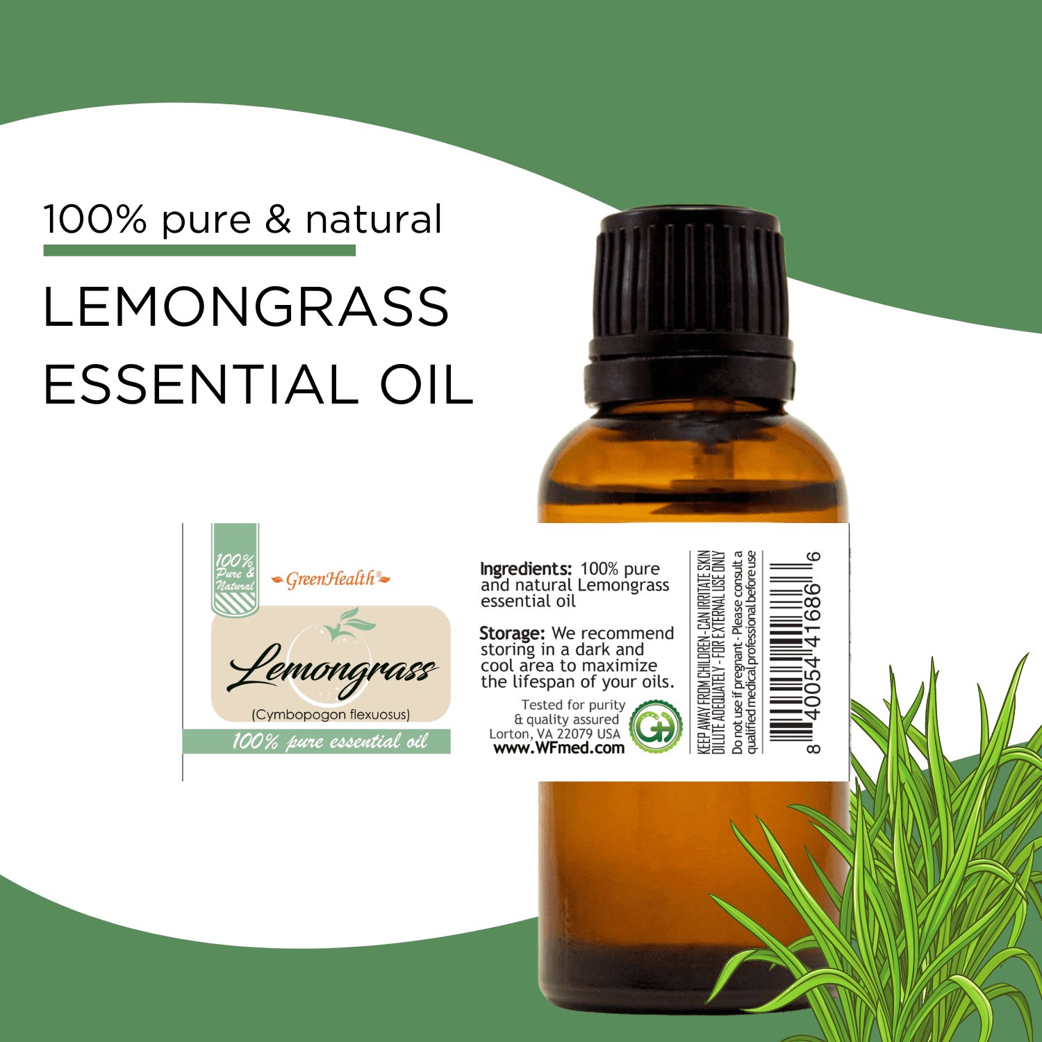 GreenHealth 100% Pure Lemongrass Essential Oil 32 fl oz (946 ml) Aluminum Bottle with Plug Cap
