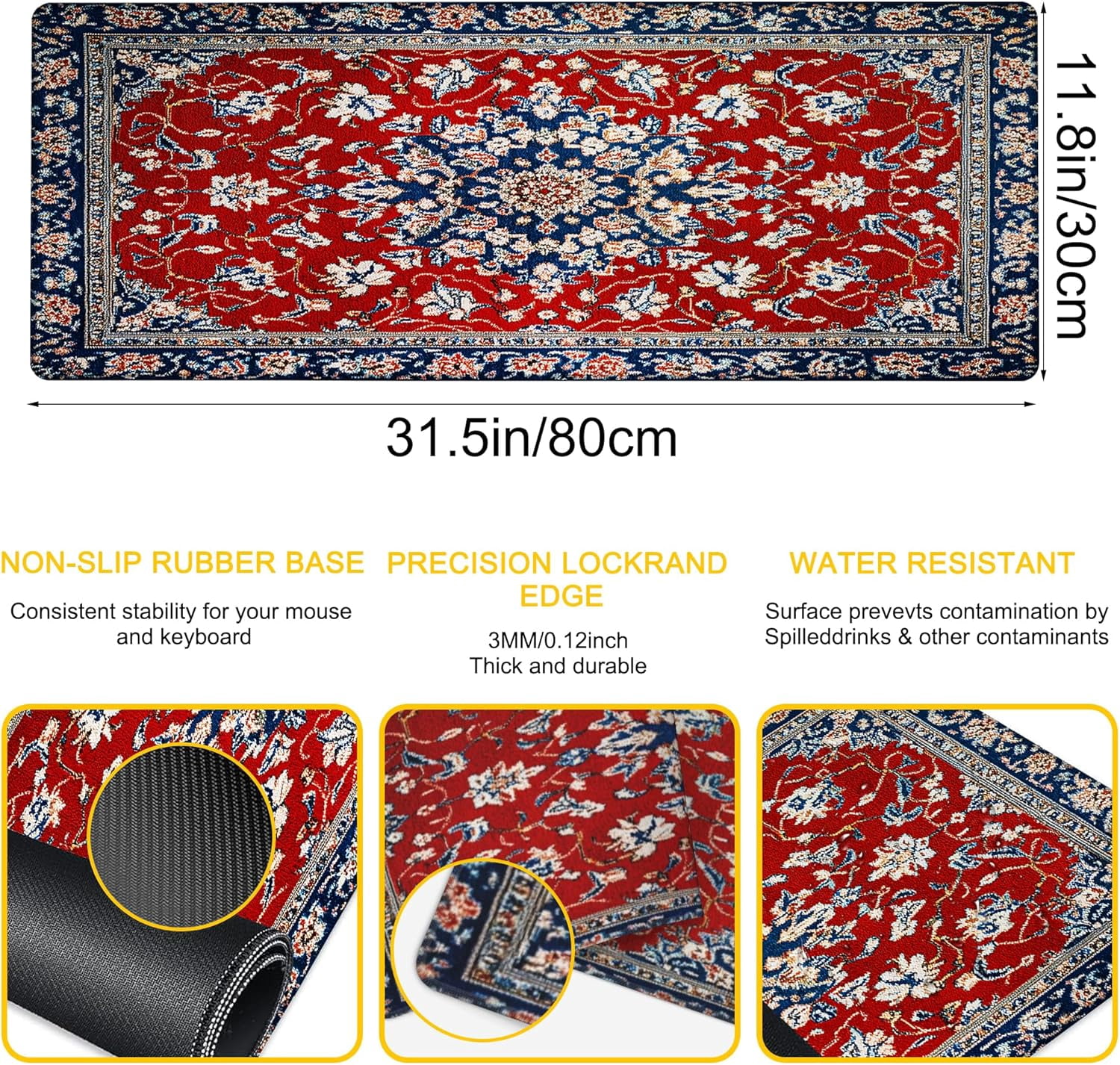 Desk Pad Boho Floral Desk Mat for Keyboard and Mouse, Large Mousepad with Stitched Edges for Work Game Office, 31.5 x 11.8 in