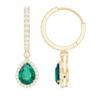 Rosec Jewels Pear Shape Created Emerald Drop Earrings with Moissanite for Women - AAAA Grade, 10K Yellow Gold