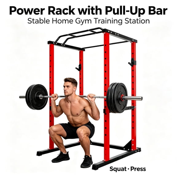 Multi-Function Power Rack, 1200lbs Weight Cage with Wide Grip Pull-Up Bar, Adjustable Squat Rack with Safety Bars for Full Body Home Gym Workouts