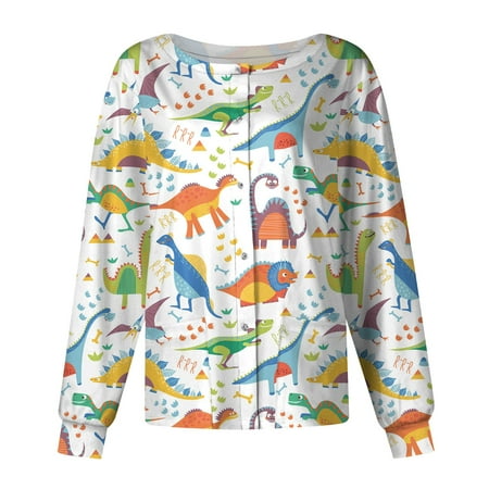 

PURJKPU Womens Scrub Jacket Long Sleeve Nursing Working Uniform Animal Pattern Scrub Top O Neck Snap Front Jackets with Pockets Orange 2XL