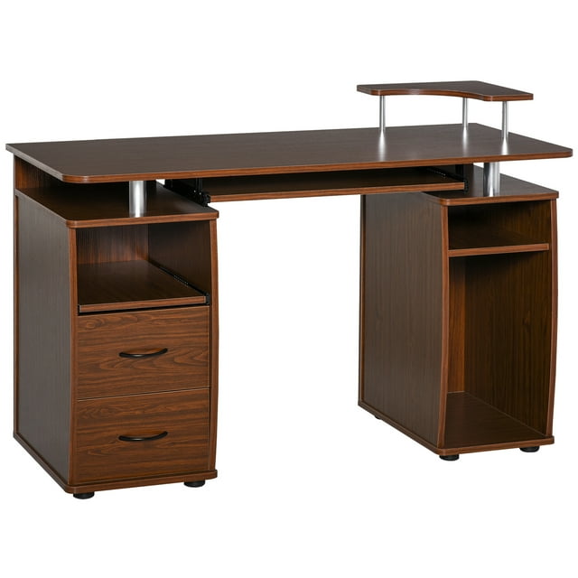 HOMCOM Bureau d'Ordinateur avec Plateau pour Clavier, Support pour CPU, Bureau d'Écriture avec Tiroirs, Poste de Travail pour Bureau à Domicile, Brun Noyer