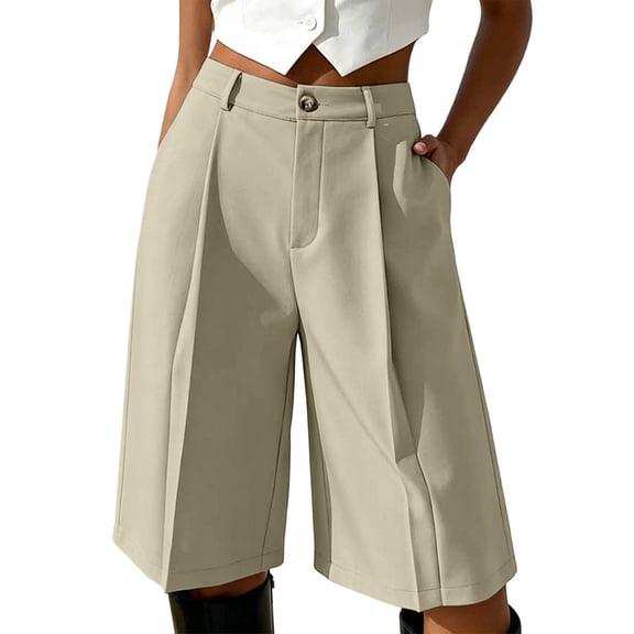 JSheng Women Bermuda Suit Shorts High Waist Pleated Button Side Pocket Wide Leg Knee Length Dress Shorts for Daily Office A-Khaki L