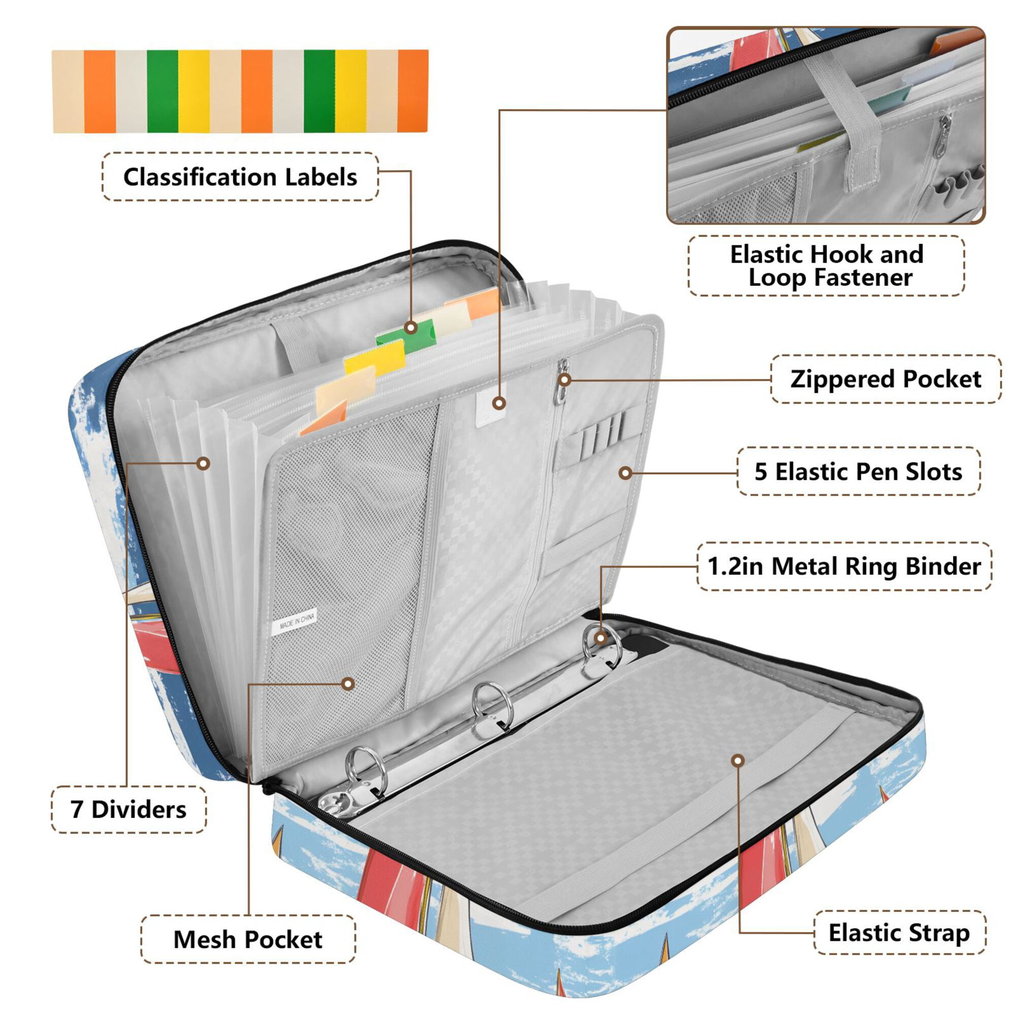FORMRS Accordion File Folder A4 Size 7-Pocket Expanding Document Organizer Bag with 3 Ring Binder, Red Sailboats