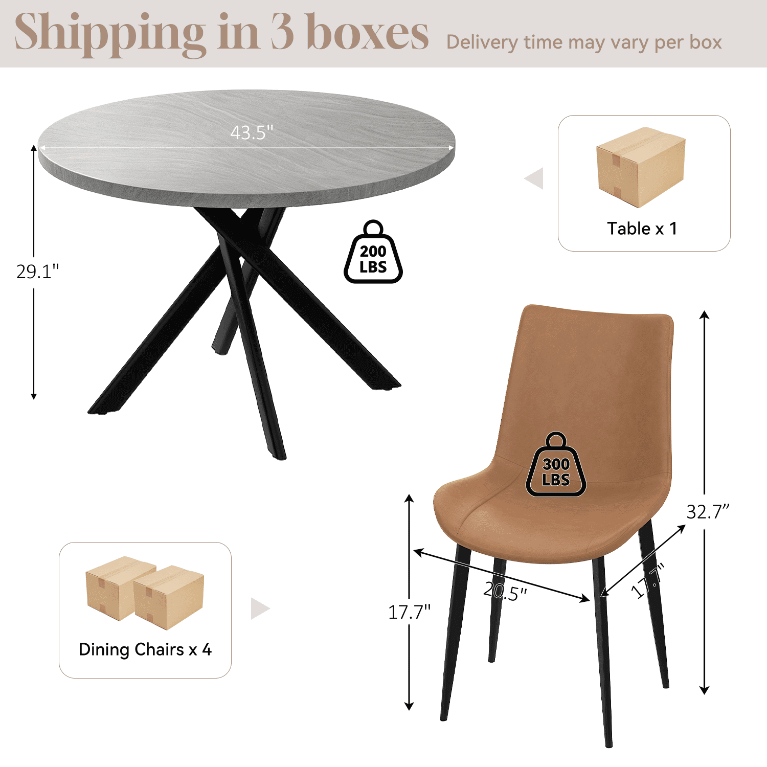 43.5 Inch Round Dining Table Set For 4, 5-Piece Wooden Table with Metal Leg Dining Chairs, Mid Century Modern Small Coffee Set For Dining Room Kitchen Apartment