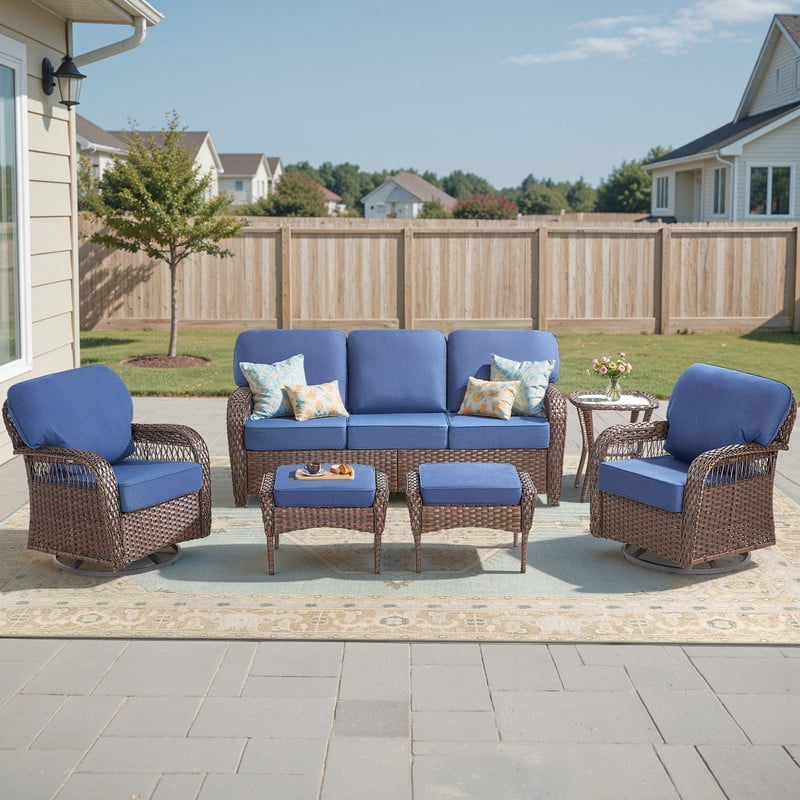 6 Piece Outdoor Wicker Furniture Sets,Patio All Weather Cushioned Conversation Sets with Swivel Rokcing Chairs, Ottomans and Sie Table for Backyard Porch Garden,Blue