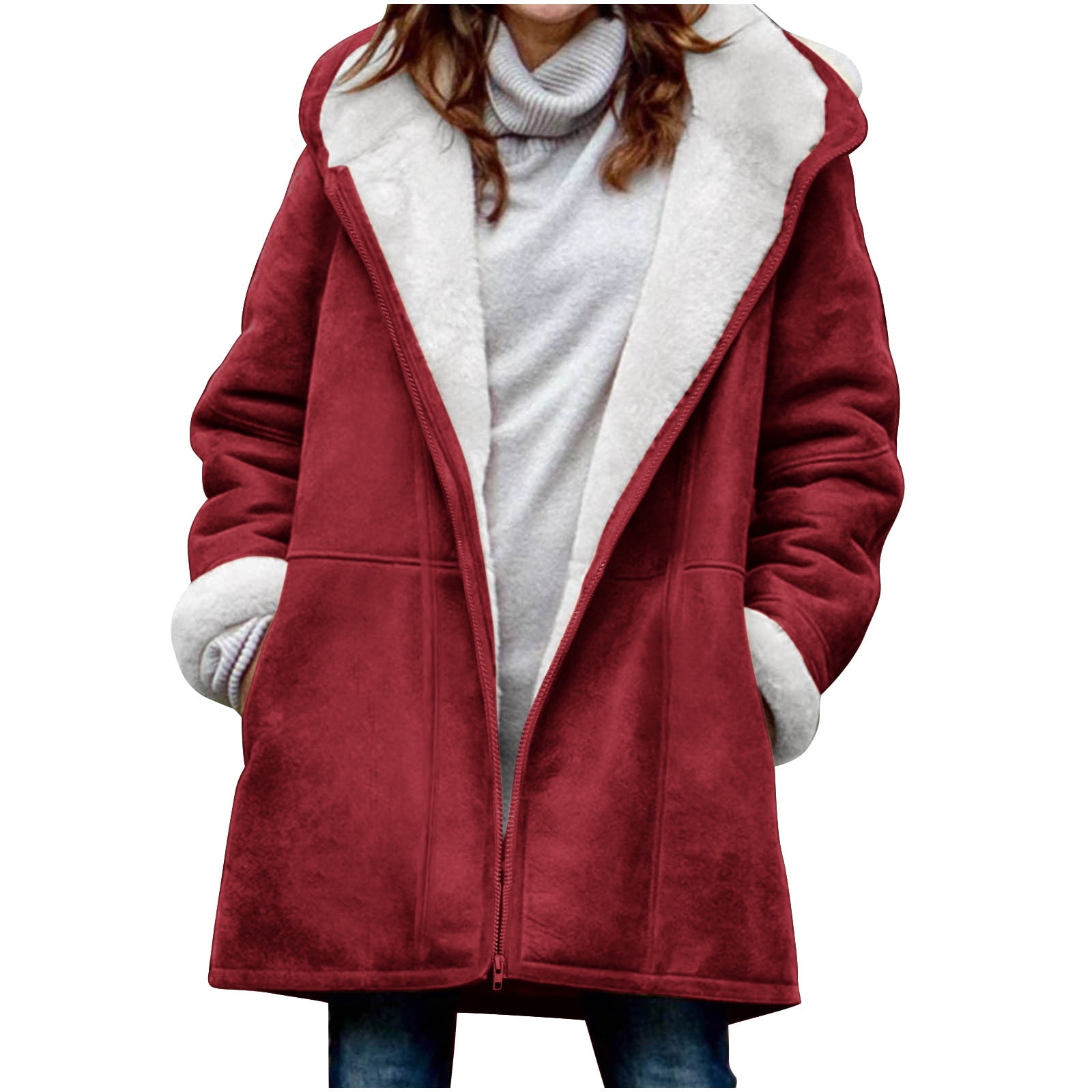 Red Thermal Fuzzy Hooded Plain Lounge Outfits for Women Fall