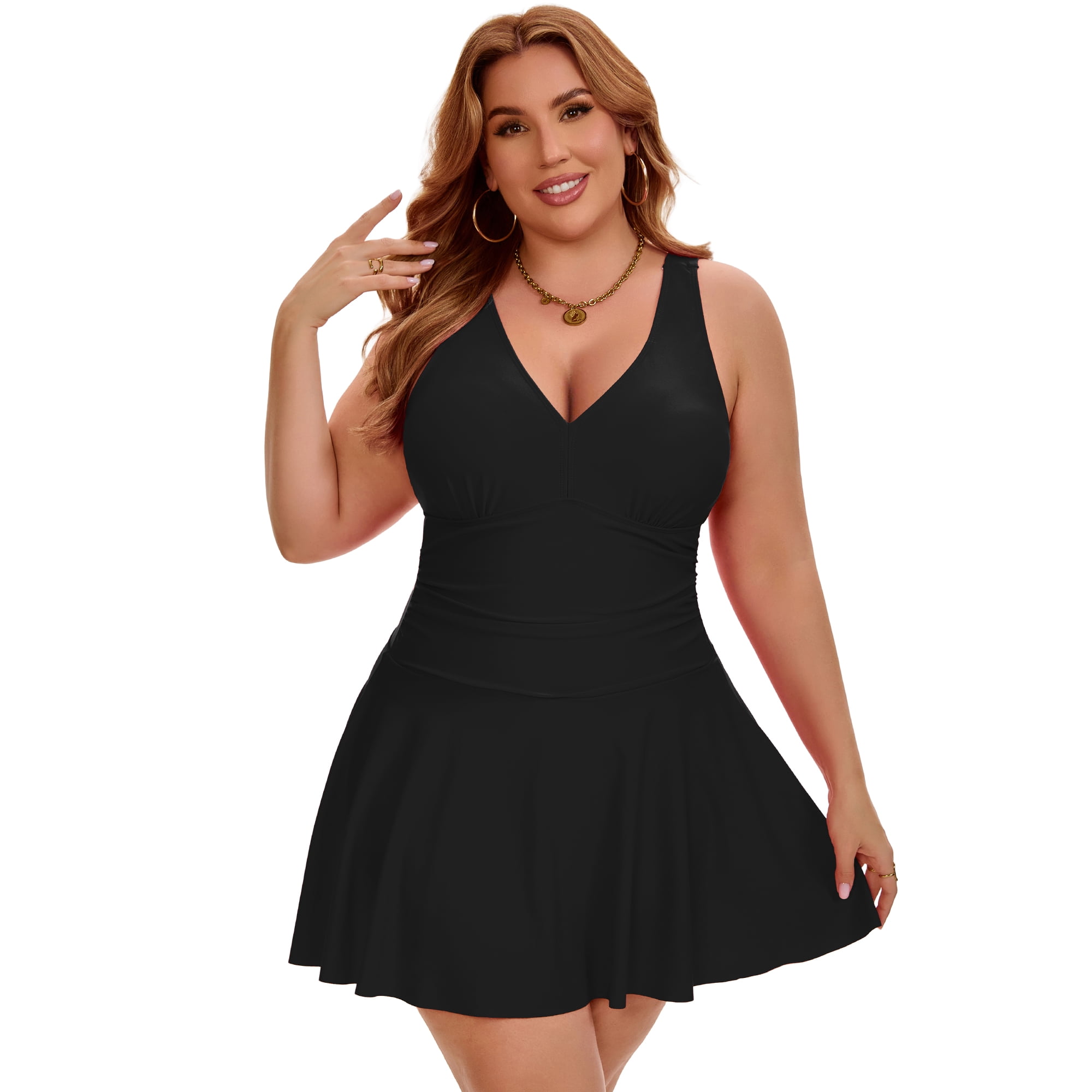 DARING DIVA Women's Plus Tummy Control Summer Beach Swimdress 3X Black