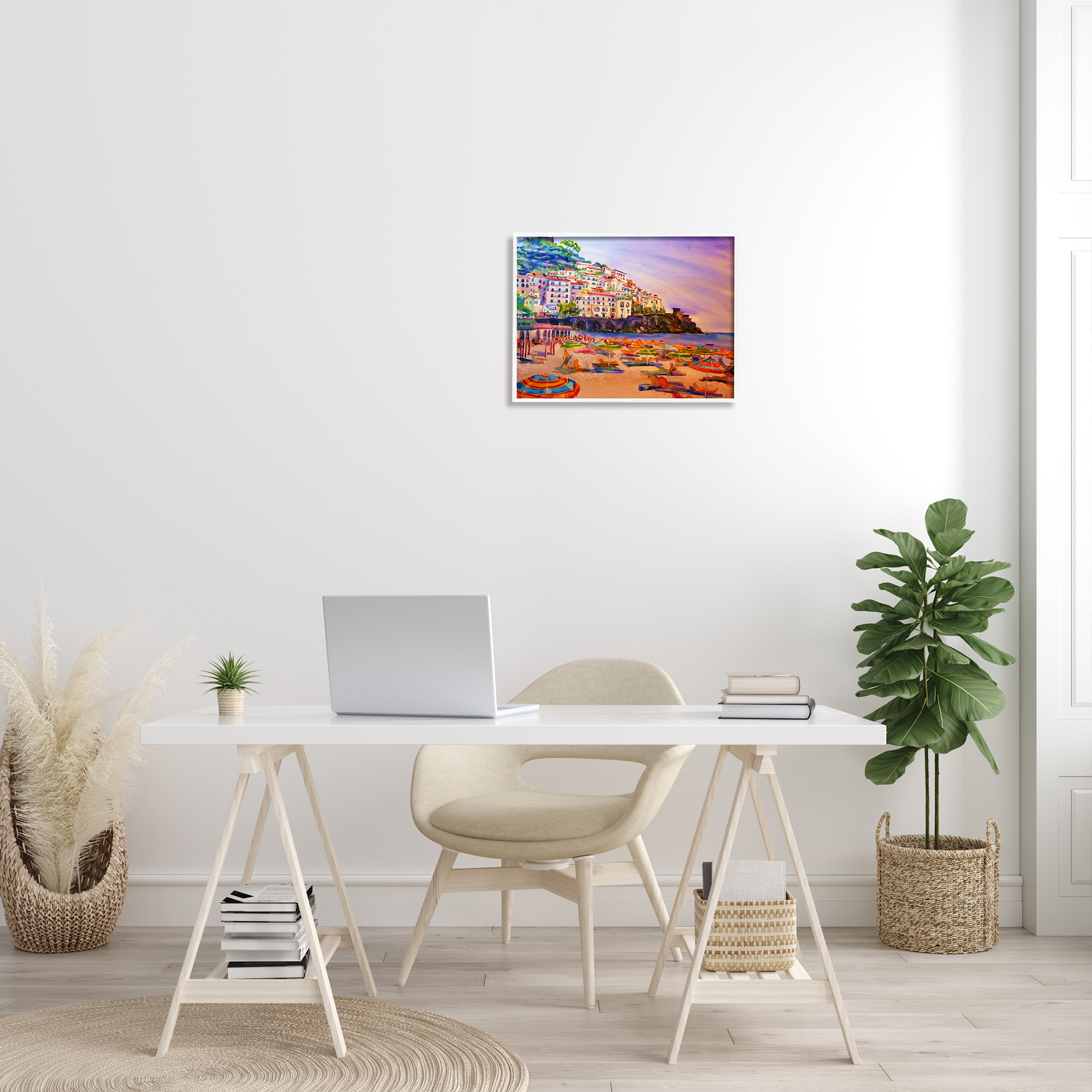 Stupell Industries Summer Beach Landscape Nature Painting White Framed Art Print Wall Art, 20 x 16