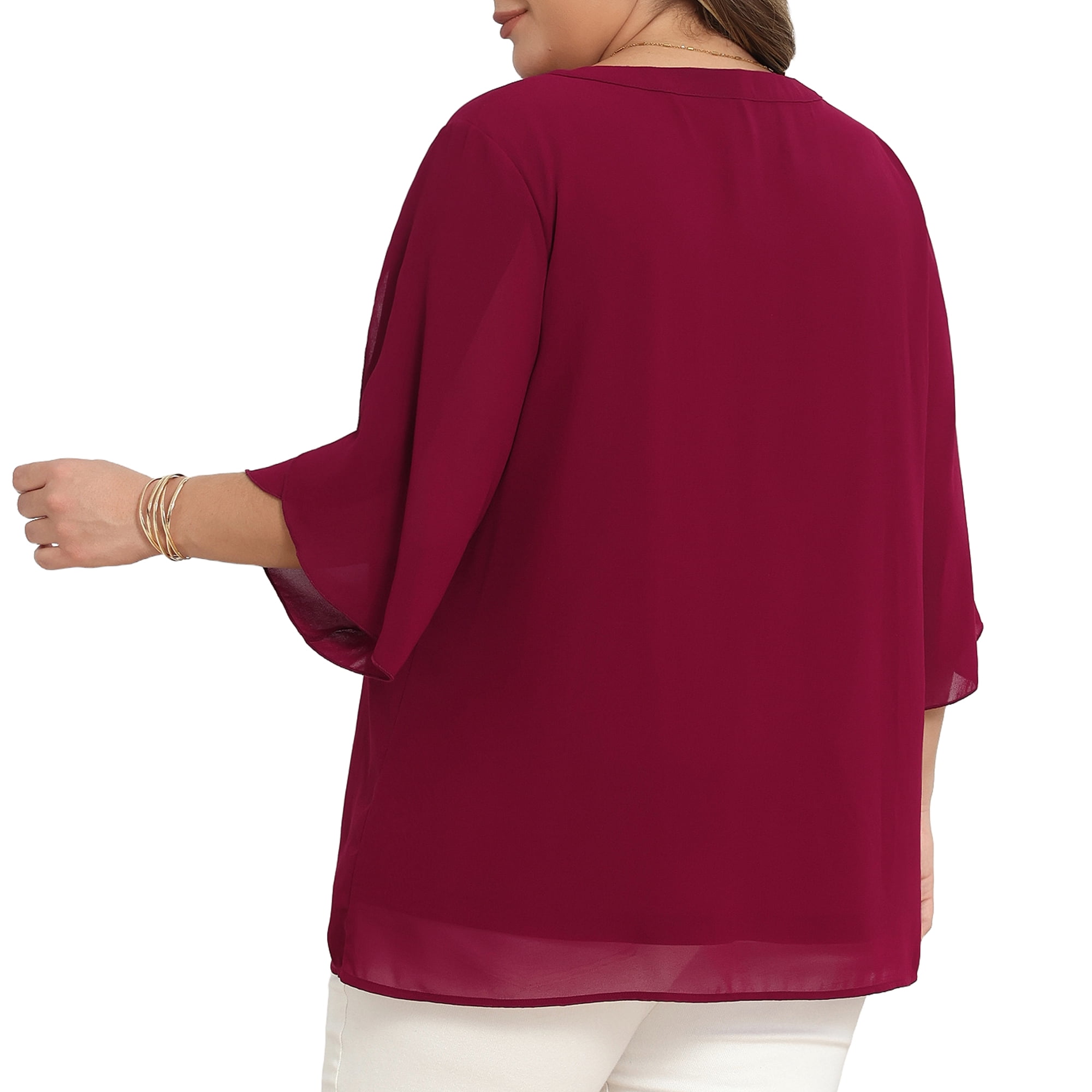 DARING DIVA Women's Plus Chiffon Pleated Front 3/4 Sleeve Top 3X Burgundy