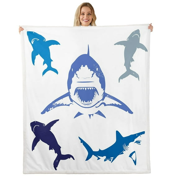 Erosebridal Shark Print Throw Blanket for Couch, Funny Sealife Plush Blanket, Ocean Animal Sherpa Throw, Flannel Blanket Room Decorative, 60x80