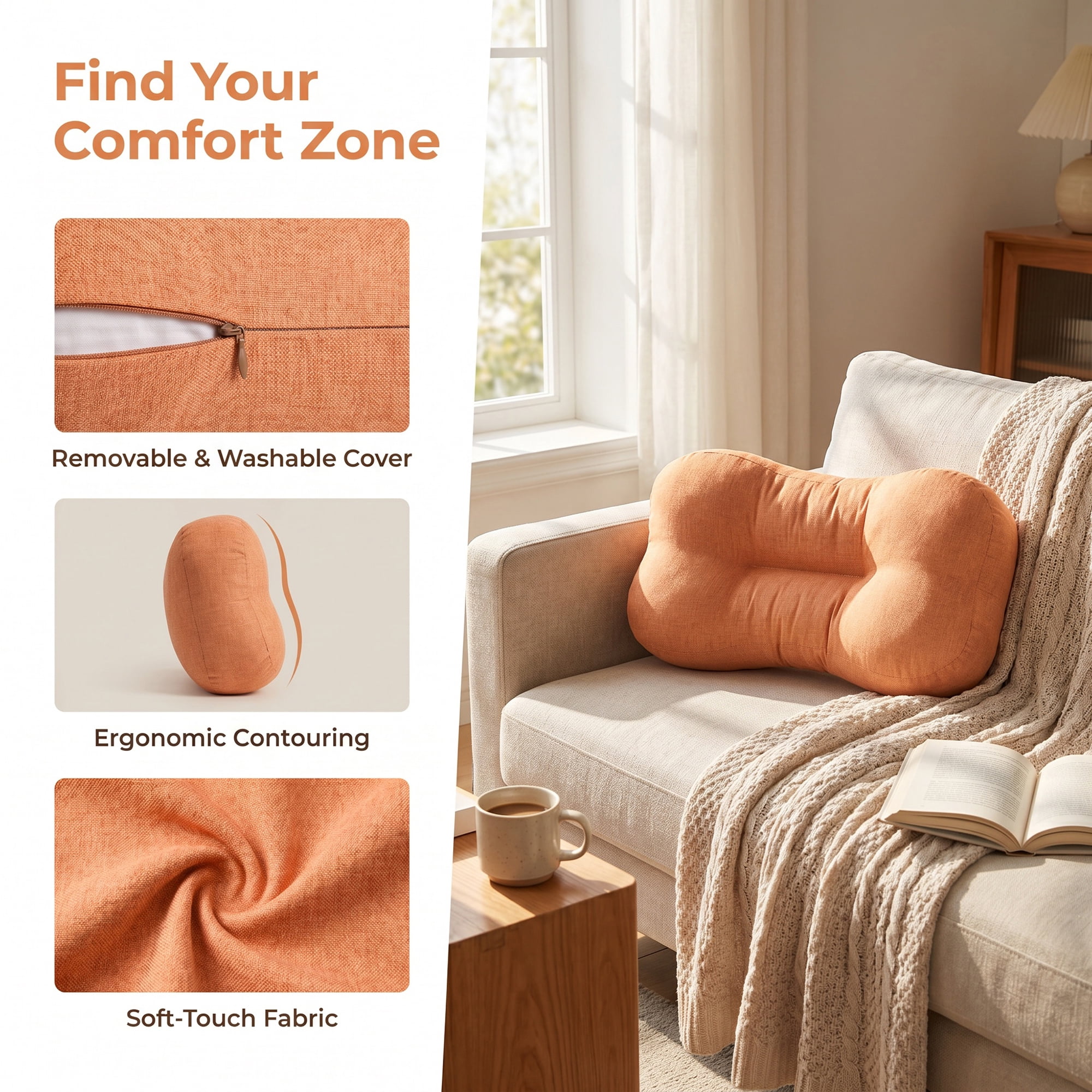 Unique Bargains Lumbar Support Pillow Flax Back Support Tangerine Red 18.9" x 10.6"