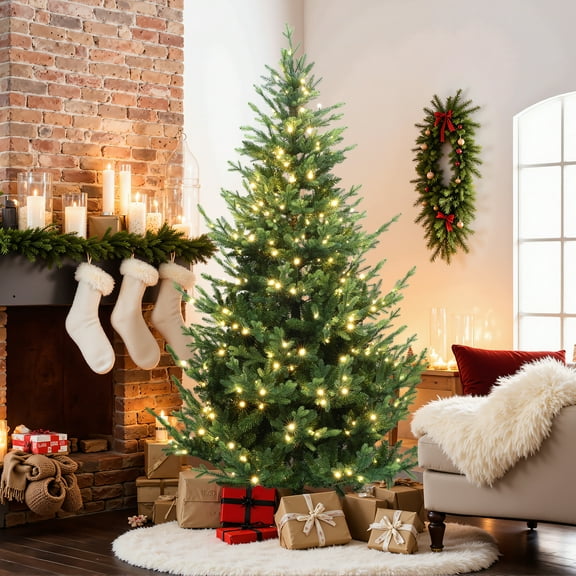 LuxenHome 7Ft Pre-Lit Artificial Natural Upswept Pine Christmas Tree with Metal Stand