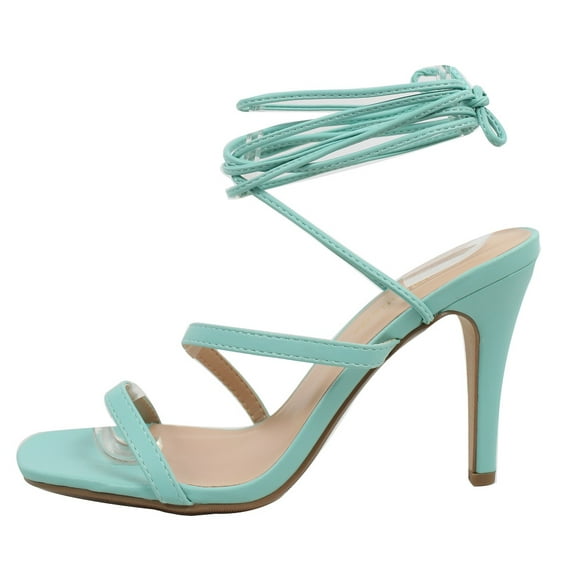 City Classified Women's Open Toe Lace Up Tie High Heel Sandal, Teal, 8 M US