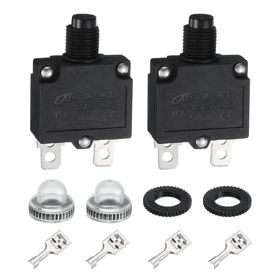 Uxcell 2PCS 15A Thermal Circuit Breakers, 125/250V AC,32V DC Manual Reset Push Button Overload Protector Circuit Breaker with Waterproof Button Caps Quick Connector Terminals