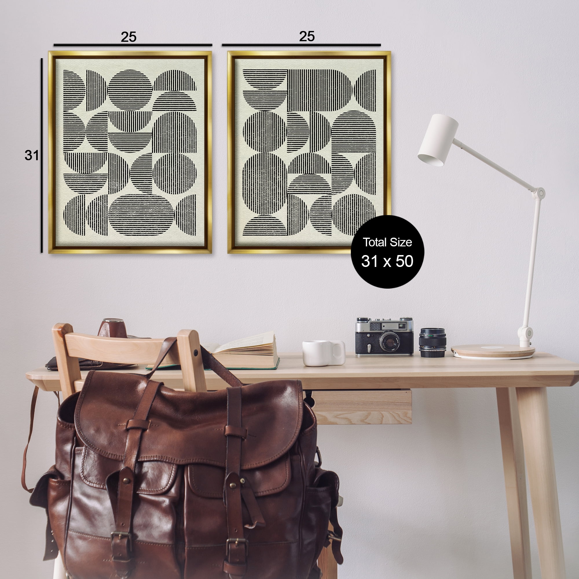 Stupell Industries Minimalist Modern Geometric Abstract Painting Gold Floater Framed Canvas Art Print Wall Art, 31 x 25, Set of 2