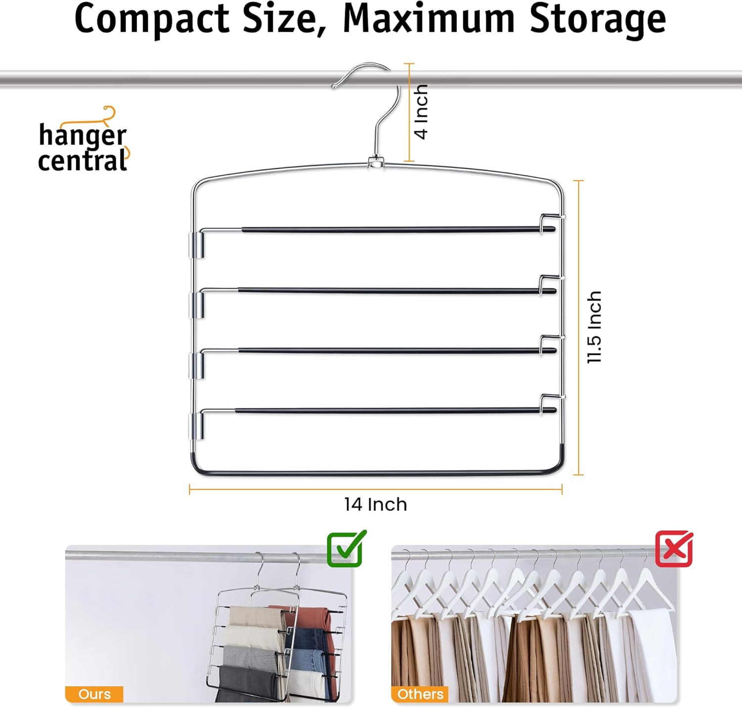 Hanger Central 3 Pack Silver Metal Swing Arm Pants Hangers 5 Tier