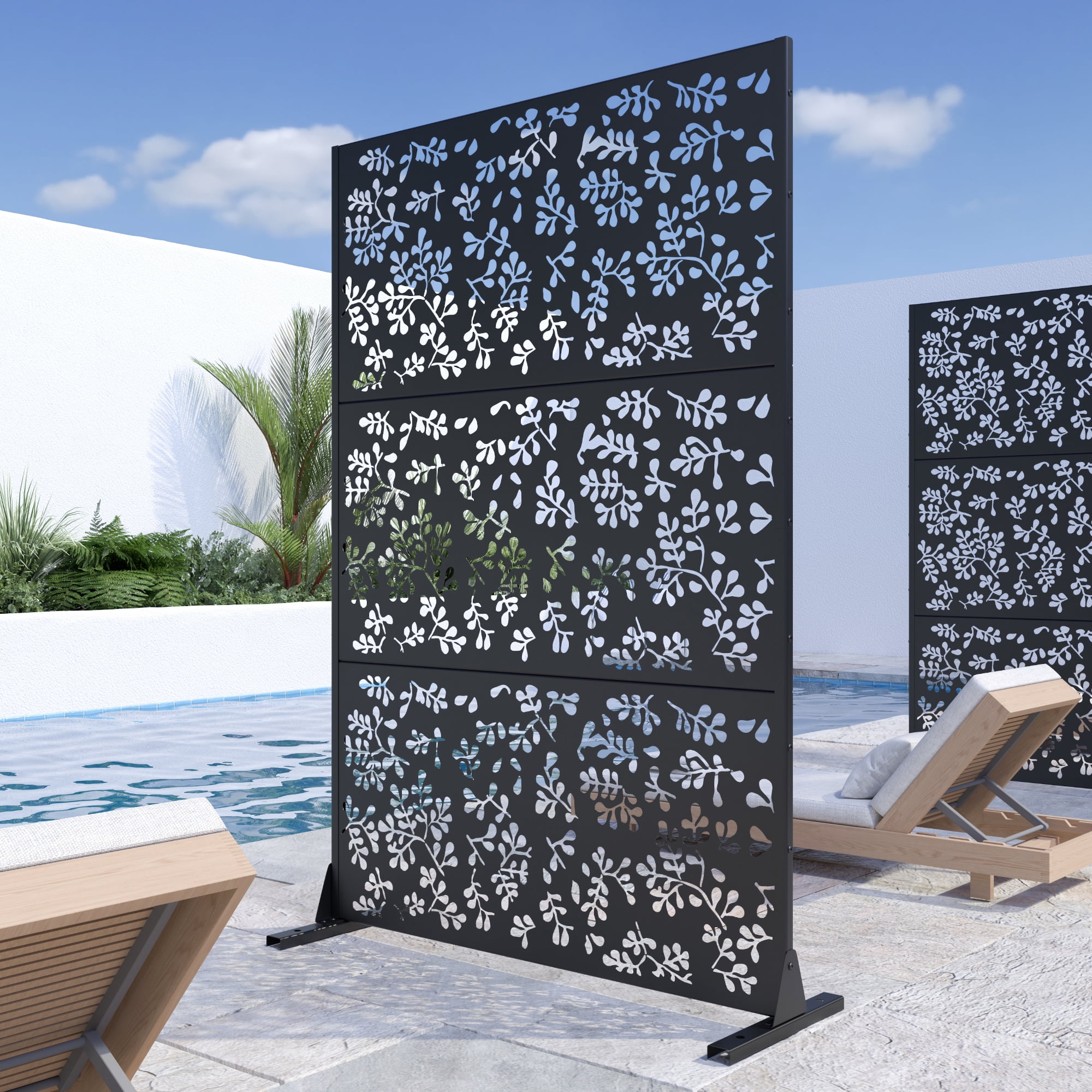 MAYEERTY 72"x47" Outdoor Privacy Screen with Stand, 3 Panels Metal Balcony Decorative Screen, Black