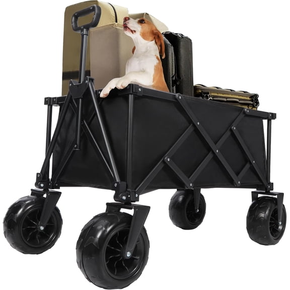 REDCAMP Folding Utility Heavy Duty Beach Wagons with 9" Balloon Style Big Wheels, 220L Adjustable Collapsible Dog Wagon Cart Foldable for Sand Camping Shopping Sports Gardeing Fishing, Black