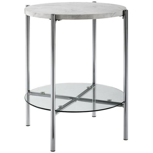 20 inch Round Side Table with White Faux Marble and Chrome Legs