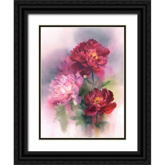 Besedina, Anastasiia 12x14 Black Ornate Wood Framed with Double Matting Museum Art Print Titled - Burgundy and Pink Peonies